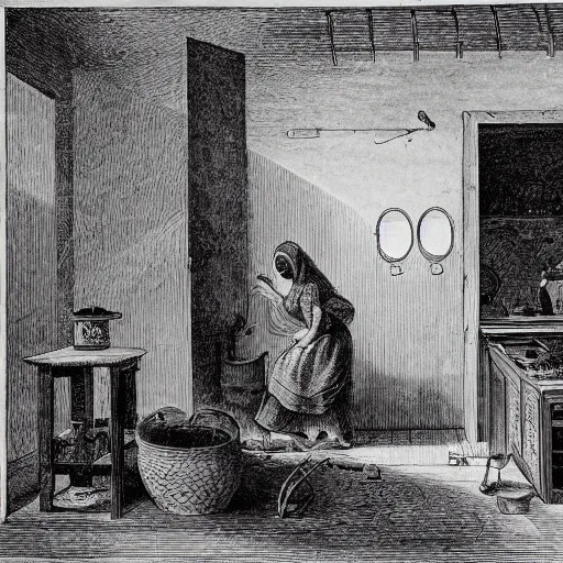 Image similar to kitchen of an abandonded house, illustration by Gustav Doré, Chiaroscuro