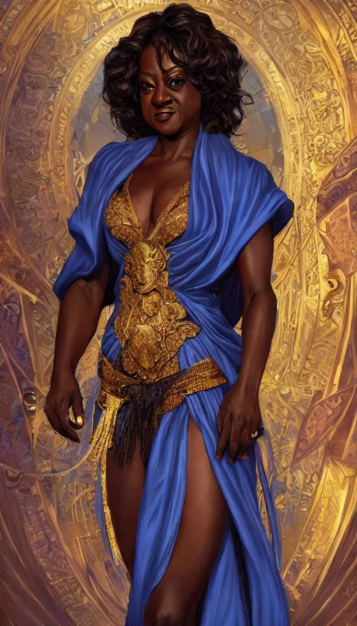 Prompt: viola davis as a sorceress, passionate, seductive, sweaty, intricate dressed in ornate blue robes and staff, lovely, intricate, highly detailed, digital painting, artstation, concept art, karma sutra, smooth, sharp focus, illustration, unreal engine 5, 8 k, art by artgerm and greg rutkowski and alphonse mucha