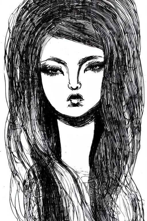 Image similar to ink lineart drawing of a beautiful woman, doll face, big lips, white background, etchings by goya, chinese brush pen, illustration, high contrast, deep black tones contour