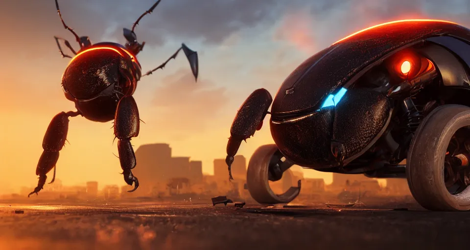 Prompt: giant beetle crush a car on the street, close up, hyperdetailed, artstation, cgsociety, golden hour 8k