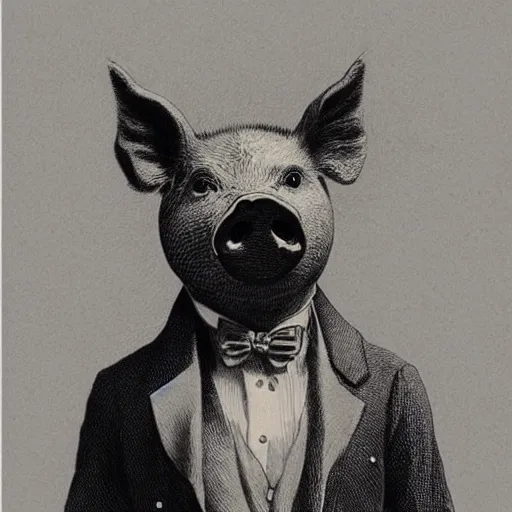 Prompt: detailed portrait of a pig in a tuxedo, illustration by Paul Gustave Doré