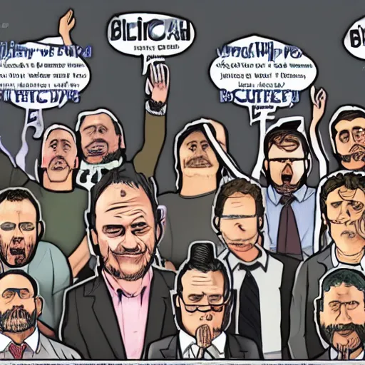 Image similar to a bunch of weirdos praying at Bitcoin, cult, sick,