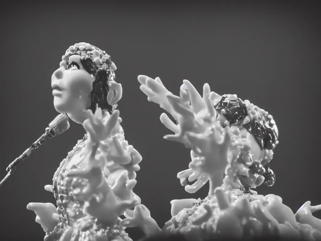 Prompt: a cinematic film still of a claymation stop motion film, bjork in concert, shallow depth of field, 8 0 mm, f 1. 8