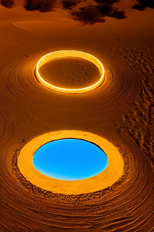 Prompt: a luminous circular stargate in the desert through which a jungle is visible