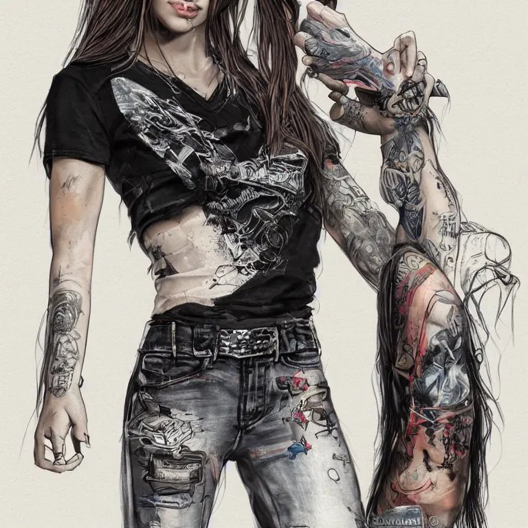 Prompt: a singular punk girl with long hair band tshirt and tight jean shorts giving the middle finger, concept art, masterpiece 4 k digital illustration by sungmoo heo, highly detailed, trending on artstation, award winning