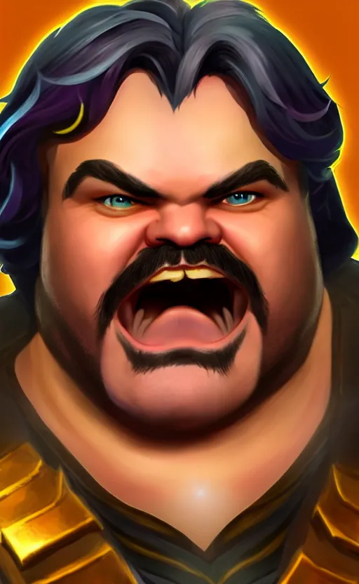 Image similar to Jack Black as a character in the game League of Legends, with a background based on the game League of Legends, detailed face, old 3d graphics