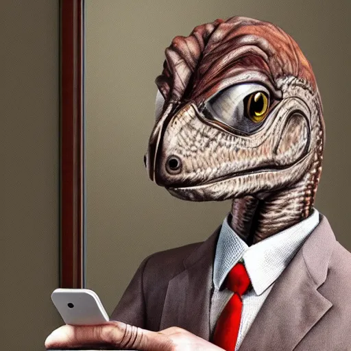 Prompt: a photo of an anthropomorpich velociraptor wearing a suit and talk with a phone, realistic, photorealism, detailed, 8k