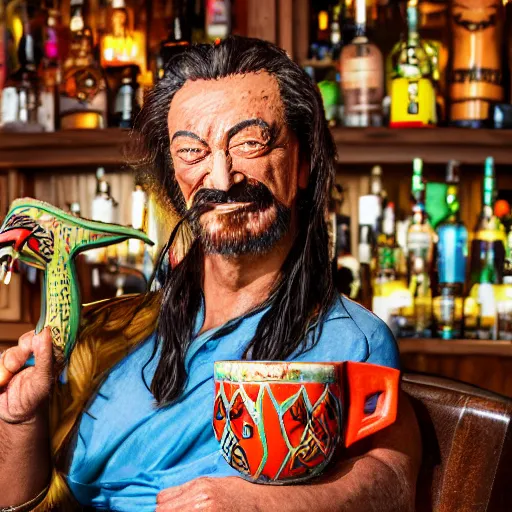 Image similar to a closeup photorealistic photograph of smiling salvador dali at trader vic's bar sitting next to a trader vic's style tiki mug featuring the face of salvador dali. tiki culture. bright scene. 4 k hd image that's trending on artstation, featured on behance, well rendered, extra crisp, features epic composition and the style of unreal engine.