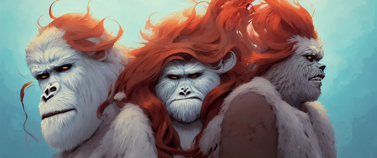 Image similar to beautiful artistic - wave highly detailed portrait of yeti and bigfoot, with kitsune mask, long red hair, by atey ghailan, by greg rutkowski, by greg tocchini, by james gilleard, by joe fenton, by kaethe butcher, dynamic lighting, gradient light blue, brown, blonde cream and white color scheme, grunge aesthetic