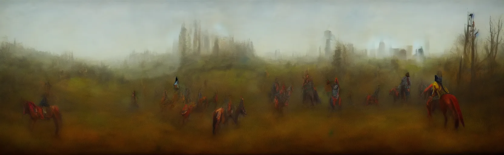 Image similar to horseback knights at scenic overlook; cloudy, grey skies, walled fort city deteriorating office buildings in background on hill; forest; la Bastille, post apocalyptic, grungy; oil on canvas, colorful, artstation