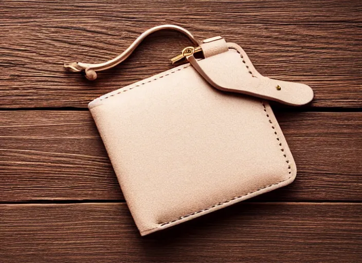 Image similar to clear highly detailed photorealistic topdown mockup product photograph of a realistic purse on a wooden background