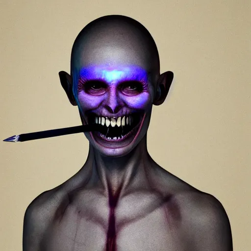 Prompt: an alien. angled jaw, snarling, omniverous layered teeth, smooth bioluminescent skin, hunter gatherer holding a opal tipped spear, mid length portrait photograph, highly detailed, high contrast lighting