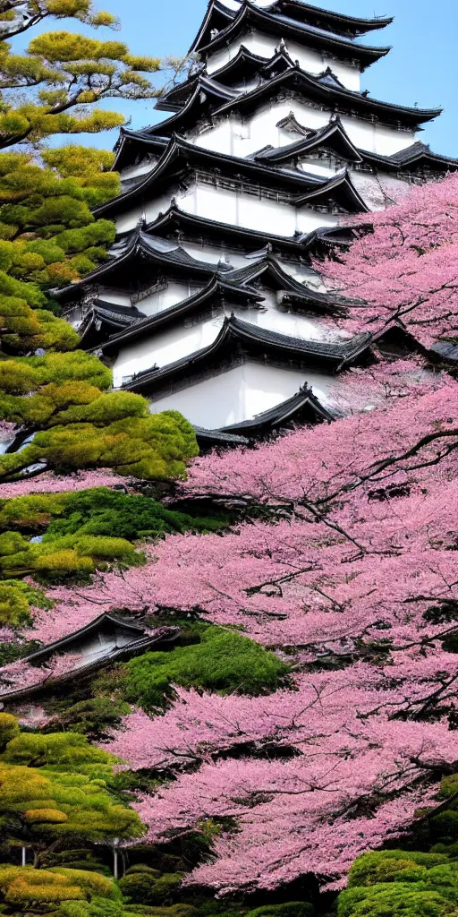 Prompt: a towering japanese castle, lush foliage, sakura by Frank Lloyd Wright