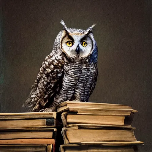 Prompt: long shot of a fluffy sleegy owl sitting on a pile of antique books, by naoto hatori, by yoshita amano, by esao andrews, fancy illustration hyperrealistic, big depth of field, fresh colors, moody evening light, 3 d octane render conceptart, 4 k, highly detailed, trending on artstation