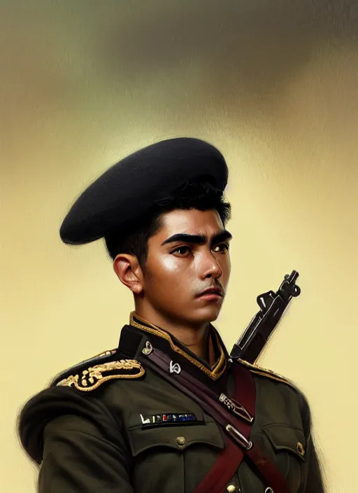 Image similar to portrait of stoic looking young peruvian soldier, military uniform, black hair, thick eyebrows, fantasy, intricate, elegant, highly detailed, centered, dark, smokey, digital painting, artstation, concept art, smooth, sharp focus, illustration, art by artgerm and greg rutkowski and alphonse mucha