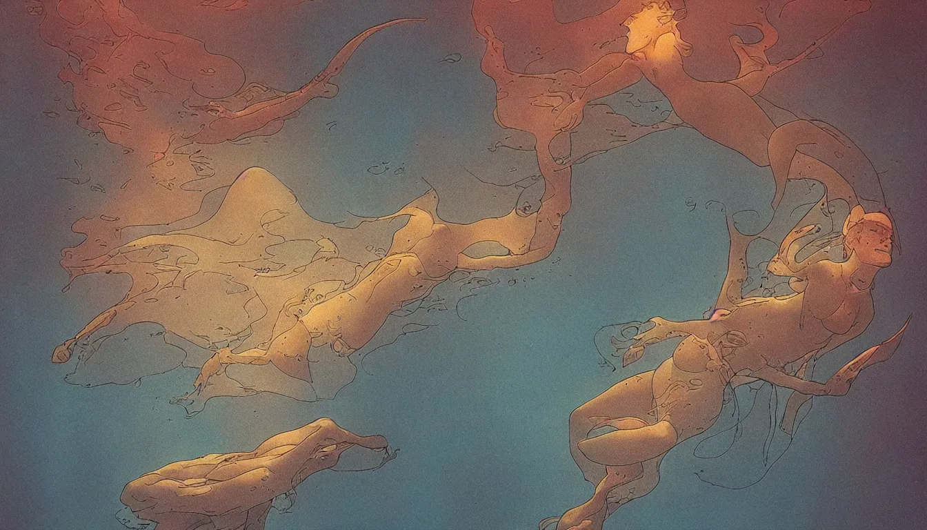 Image similar to underwater, filtered light, moebius