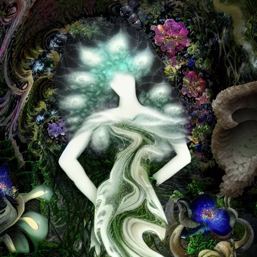 Image similar to an idealistic marble statue with fractal flowery hair in a fractal garden, glowing delicate flower and mushrooms that grow in a dark fatansy forest on the planet pandora,, symmetrical,