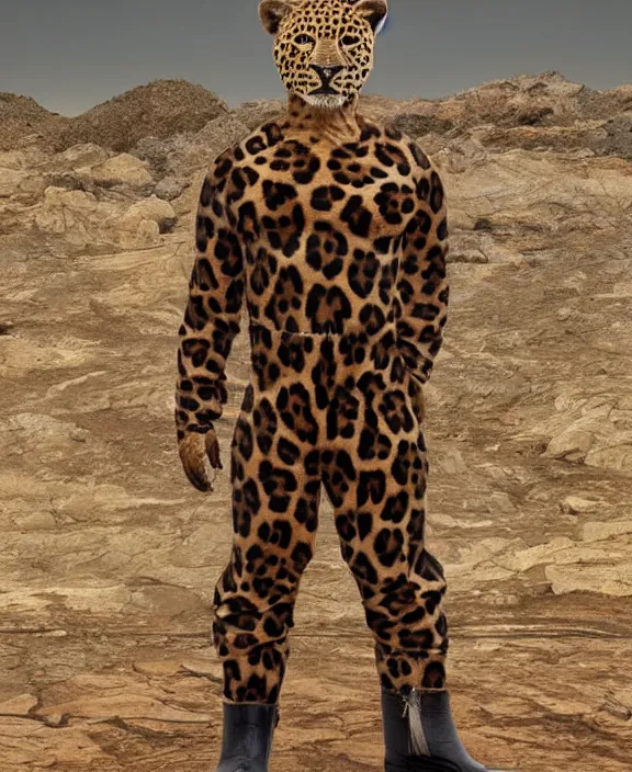 Prompt: with a tail 🐆 photorealistic fullbody 🐆 👨 art portrait, strapping boots on and suiting up, getting ready for roughneck work, martian mining ⛏ colony, a handsome ♂ leopard furry