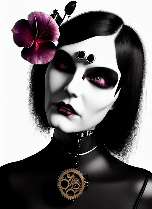 Image similar to 1 9 3 0 black and white gothic masterpiece profile face portrait, one steampunk eye biomechanical beautiful young female cyborg - vampire, body meshes, big monocular, volumetric light, hibiscus flowers, by hg giger, rim light, big gothic fashion pearl embroidered collar, 8 k