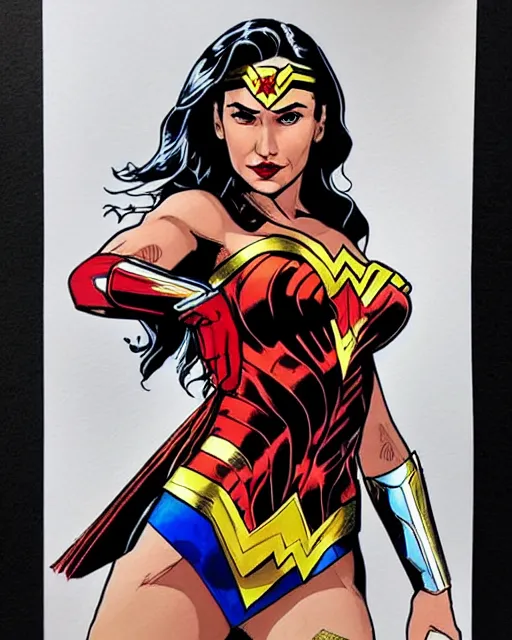 Image similar to wonderwoman portrait with mix of gal Gadot and Linda Carter in frank Miller Alex Ross style detailed