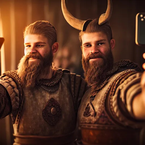 Prompt: Two viking brothers taking a selfie in a crowded tavern, dof, Octane Render, intricately detailed, 8k