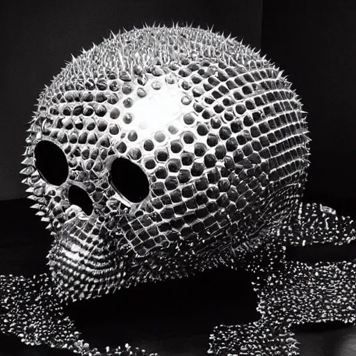 Prompt: a disco ball shaped like a spiky skull, photograph