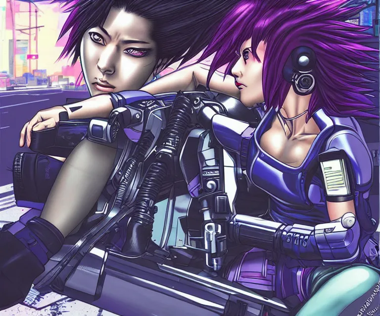 Image similar to motoko kusanagi riding a cyberpunk vehicle in a grungy cyberpunk megacity, bosozoku gang war, cyberpunk vaporwave, by phil jimenez, artgerm, sola digital arts, anti aliasing, raytracing