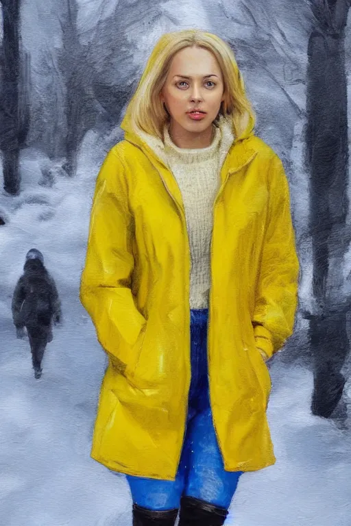 Prompt: a full body high detail portrait oil painting illustration of beautiful blonde woman with face and body clearly visible , dressed in yellow raincoat and yellow rubber boots walks in smal town in Finland, realistic proportions, d&d, rpg, artstation trending, high quality, artstation trending, no crop, entire person visible, natural light, width 768