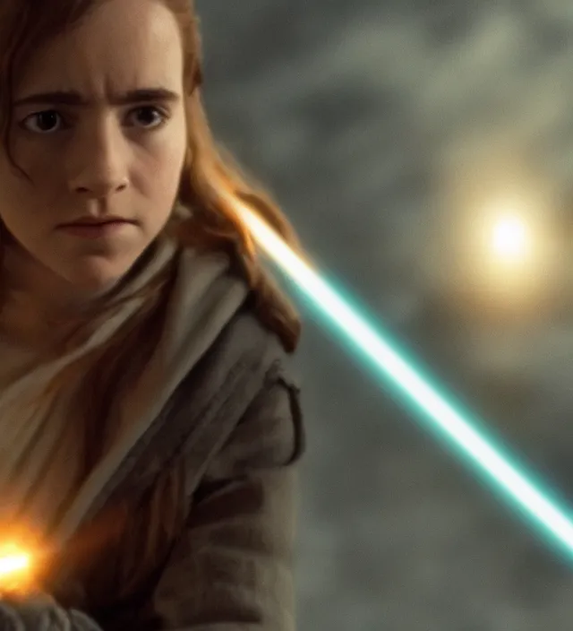 Image similar to hermione in star wars, movie still frame, hd, remastered, movie grain, cinematic lighting