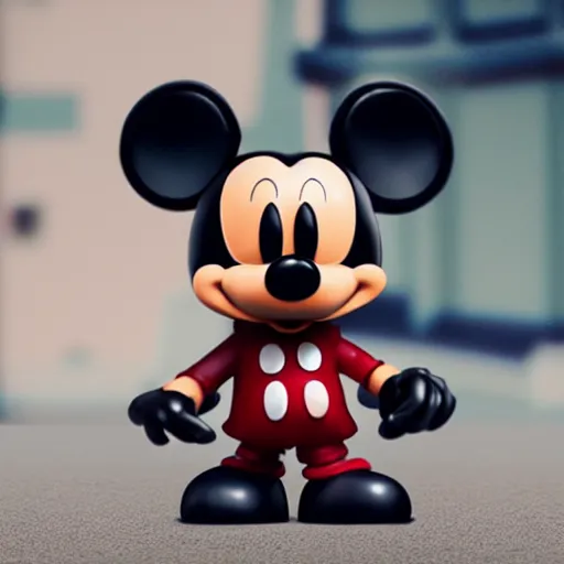 Prompt: a life-sized talking uncanny valley funko pop of mickey mouse, wandering in the streets of Paris high quality very detailed with shadows 4k