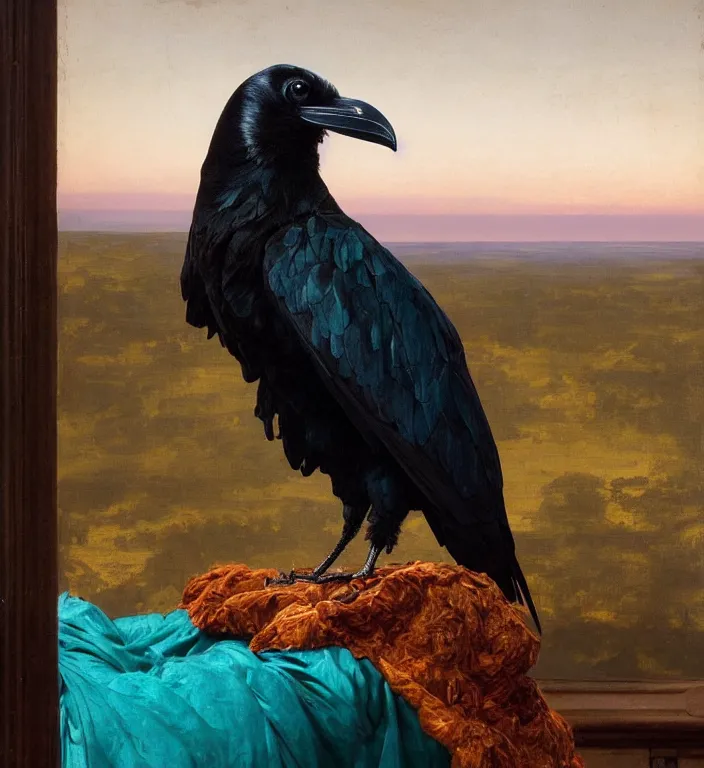 Prompt: a beautifully weird funny cheeky photoreal clear detailed victorian portrait of a close up raven on a victorian windowsill with an ornate velvet dark teal curtain at beautiful sunset daytime nature sunlit painting by frederic leighton and turner and morris and rosetti, 8 k, octane render