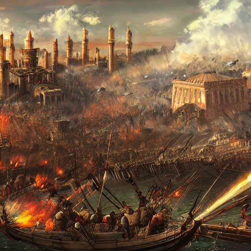 Prompt: Attack on Constantinople, by Lionel Royer, trending on artstation 4k.
