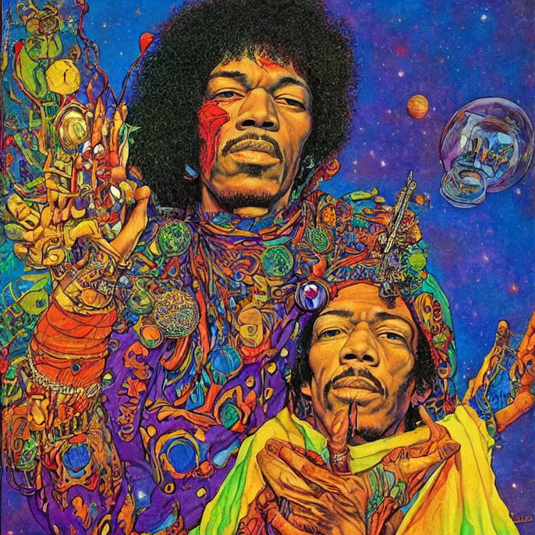 Image similar to colorfull artwork by Franklin Booth and Mati Klarwein showing a portrait of Jimi Hendrix as a futuristic space shaman