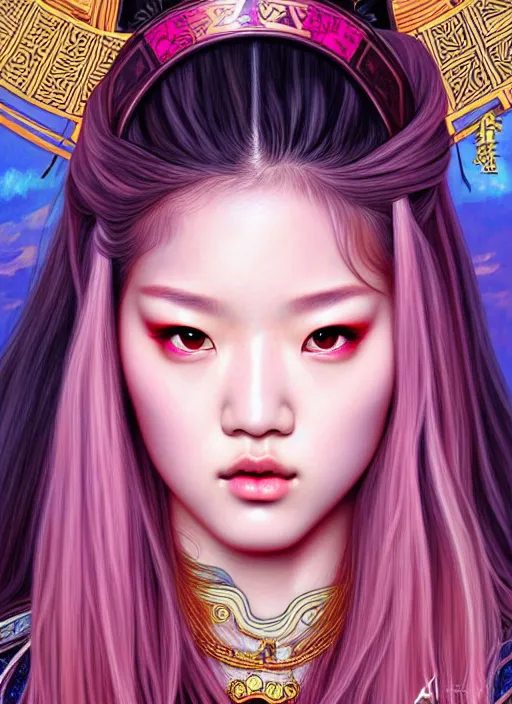 Image similar to jossi of blackpink, samurai, tarot card, highly detailed, digital painting, smooth, sharp focus, illustration, ultra realistic, 8 k, art by artgerm and alphonse mucha