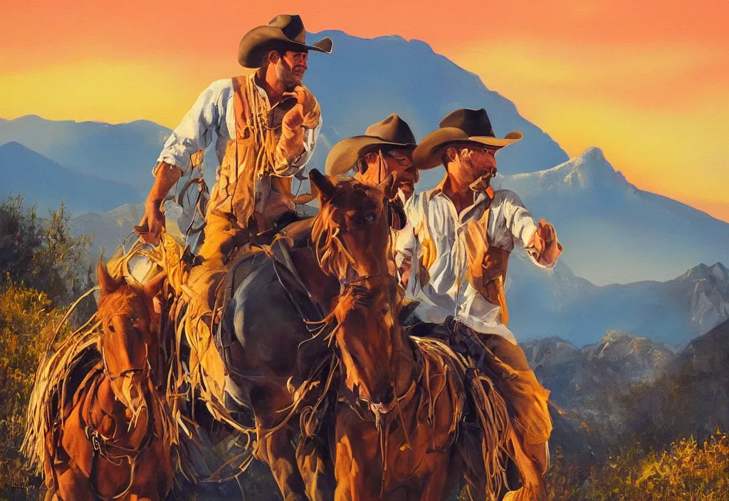Prompt: a beautiful painting of two cowboys!, mountain scene, golden hour, by mark maggiori, homoerotic, romantic, intense, dramatic