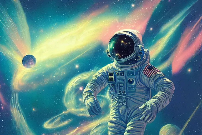 Image similar to digital painting of an astronaut in space, by paul lehr and vincent di fate, highly detailed, intricate, sharp focus, science fiction, galaxies, stars, supernova, black hole, galaxy, planet, void, artstation, cinematic lighting, trippy, retrofuturism