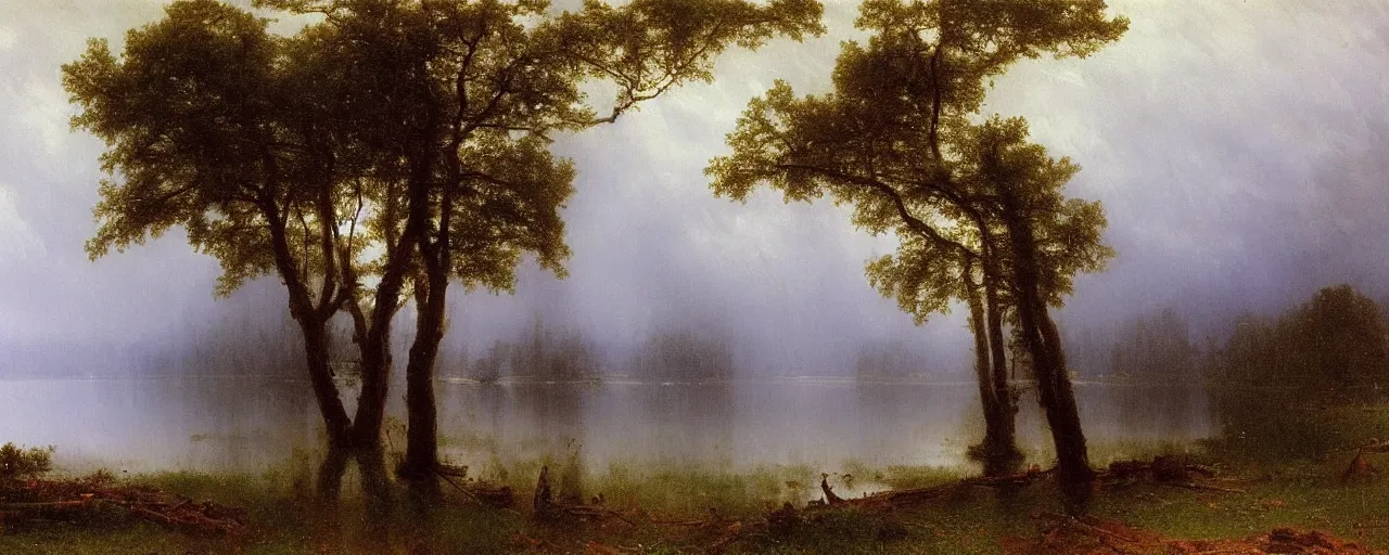 Prompt: a painting of a lake, heavy downpour, raining, by albert bierstadt