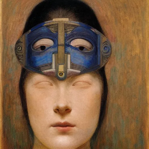 Image similar to a beautiful young android girl wearing a bird mask, by annie swynnerton and diego rivera and elihu vedder, symbolist, dramatic lighting, elaborate geometric ornament, head and shoulders view, art brut, soft cool colors, smooth, sharp focus, extremely detailed, adolf wolfli, donato giancola