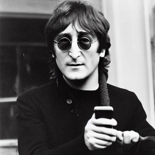 Prompt: photo of john lennon holding a smartphone in his hand