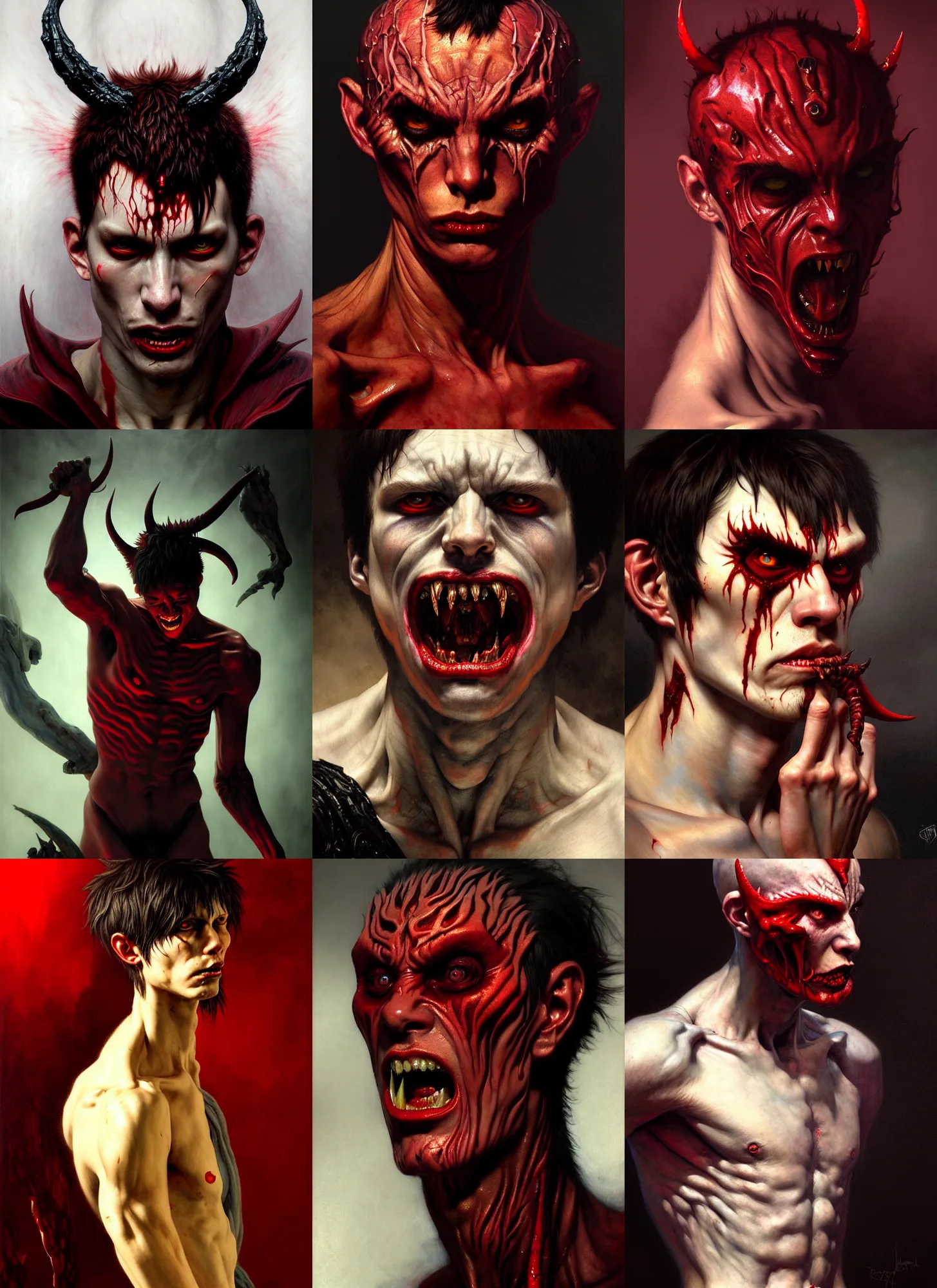 Prompt: devil man crybaby, intricate skin pattern texture, savage, full body, hyper realistic, extremely detailed, dnd character art portrait, dark fantasy art, intricate fantasy painting, dramatic lighting, vivid colors, deviant art, artstation, by edgar maxence and caravaggio and michael whelan and delacroix.