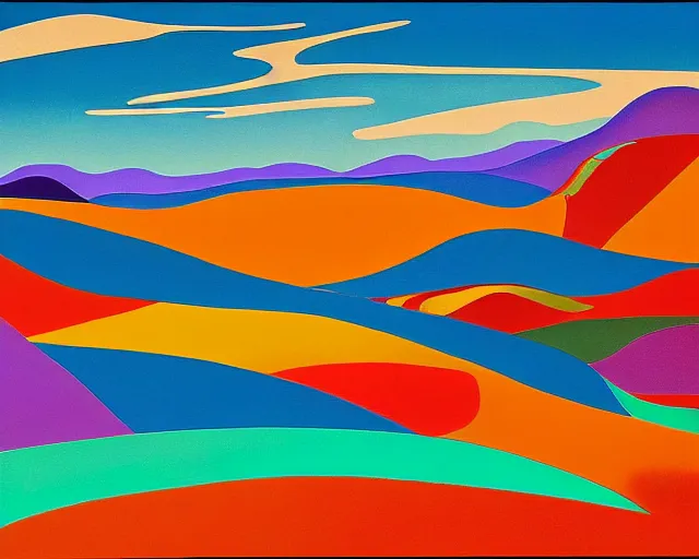 Image similar to A wild, insane, modernist landscape painting. Wild energy patterns rippling in all directions. Curves, organic, zig-zags. Saturated color. Mountains. Clouds. Rushing water. Wayne Thiebaud. Lisa Yuskavage landscape.