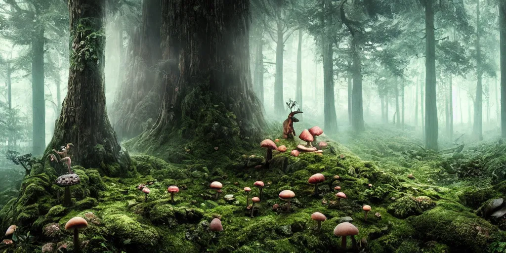 Image similar to Photo by Filip Hodas of the cinematic view of the Forest of the Giants, a troll is eating a giant mushroom, photorealism, photo taken with canon 5D