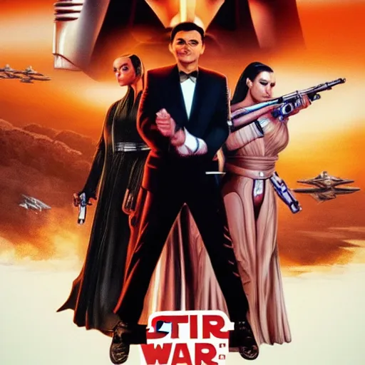 Image similar to super detailed star wars movie poster with ben shapiro, snooki and kim kardashian, 8k full HD photo, cinematic lighting, anatomically correct, oscar award winning, action filled, correct eye placement,