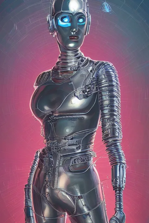 Prompt: retro-futuristic portrait of a beautiful damaged female android in dusty chrome armour with wires hanging, ornate background, light from below, ornate pattern, glowing eyes, evil expression, high details, intricate details, renaissance painting by vincent di fate, artgerm julie bell beeple, 80s, Smooth gradients, High contrast, depth of field, very coherent symmetrical artwork