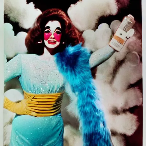 Prompt: 1976 film still glamorous woman photo and anthropological stomach, live action children's tv show, 16mm film live technicolor 1976, wacky colorful, in style of john waters doris wishman