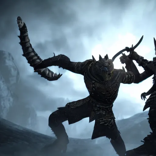 Image similar to dragonborn vs ultimate evil epic fight dramatic lighting extreme details