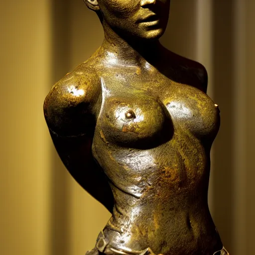 Prompt: detailed photo of an old bronze patina statue of a lara croft full body portrait, intricate detail, museum diffuse lighting