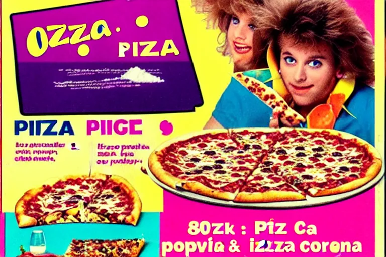 Image similar to 80s, cocaine, pizza, party, advertisement