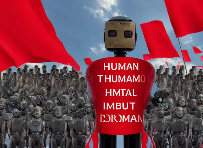 Image similar to dystopian art, humanoid robot dictator giving a propaganda speech to human like robots surround by two large red flags with robot heads on them