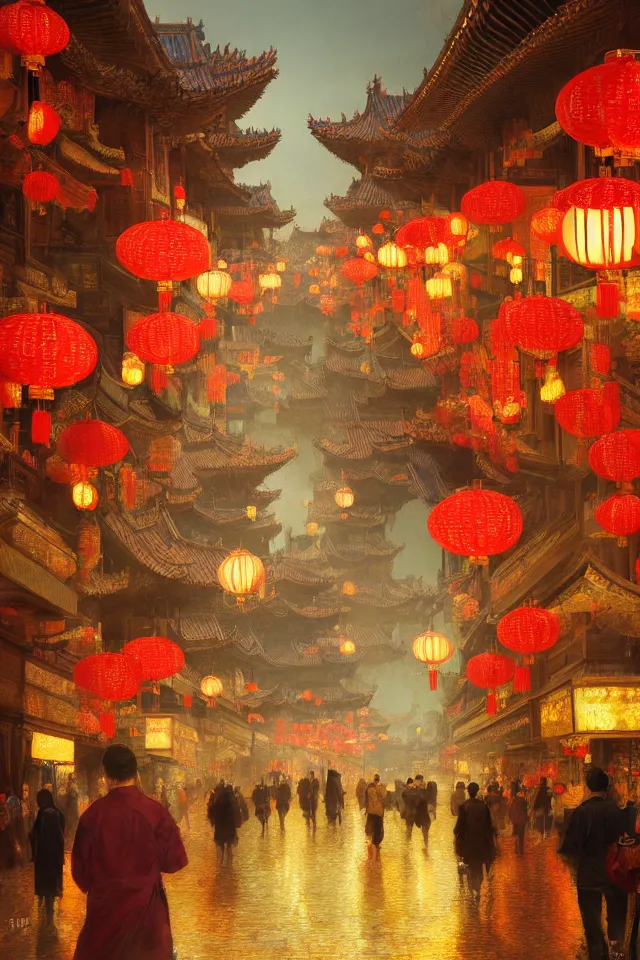 Image similar to epic scenery of a shopping street in the Chinese imperial city, intricate, elegant, volumetric lighting, digital painting, highly detailed, artstation, sharp focus, illustration, concept art, ruan jia, steve mccurry